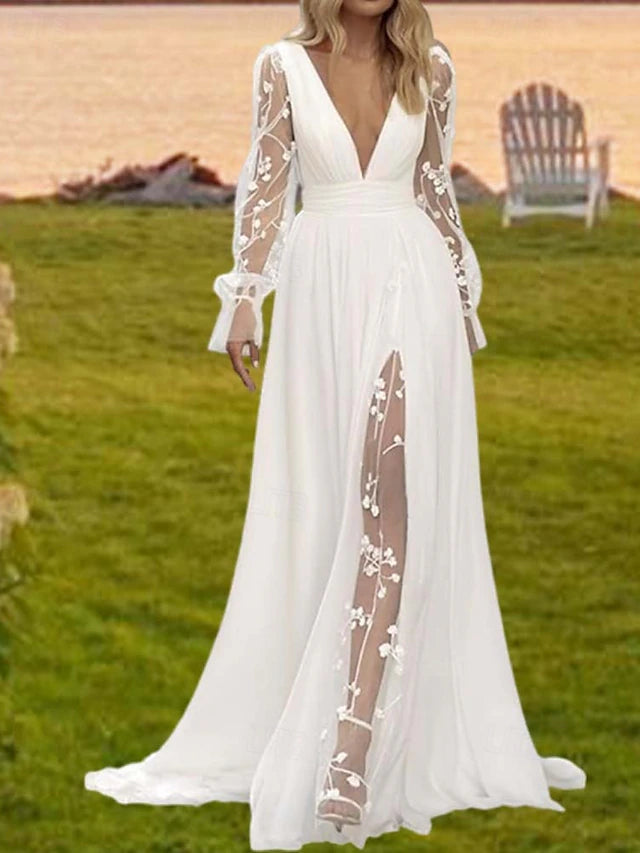 Wedding Dresses Beach Wedding A-Line V Neck Long Sleeve Court Train Chiffon Bridal Suits Bridal Gowns With Ruched Draping