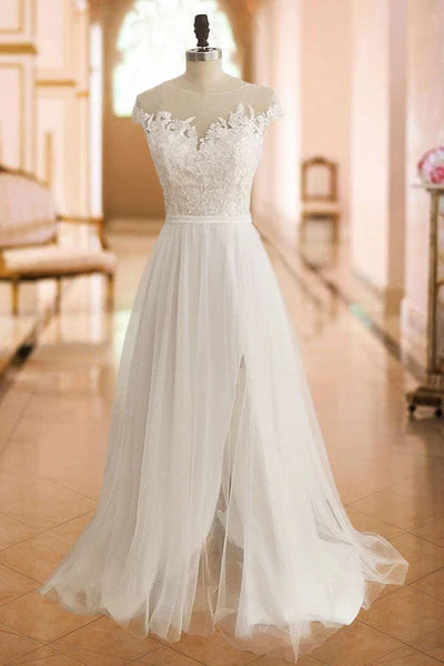 Wedding Dresses Lace Off The Shoulder Short Sleeve Long Split Front Bridal Dress With Train