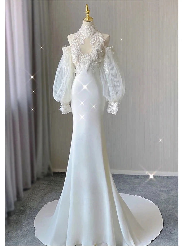 Wedding Dresses Mermaid / Trumpet Halter Neck Long Sleeve Chapel Train Lace Bridal Gowns With Solid Color