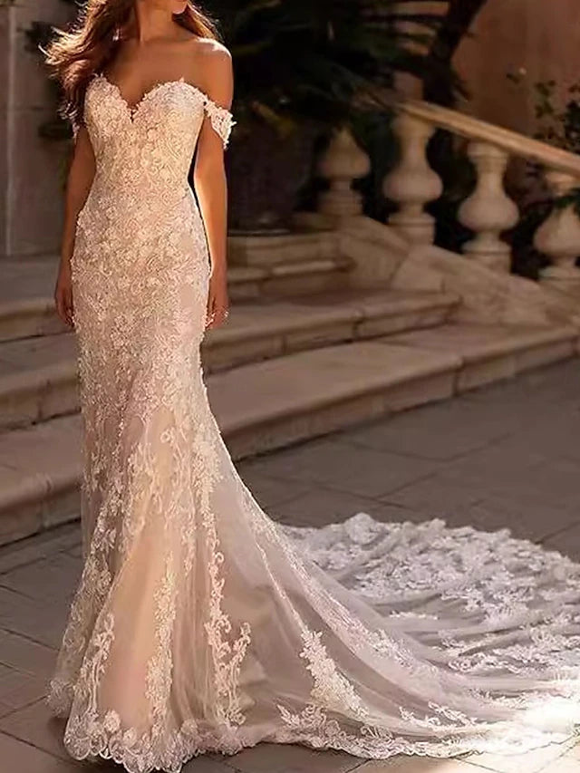 Wedding Dresses Mermaid / Trumpet Off Shoulder Sleeveless Court Train Tulle Bridal Gowns With Solid Color