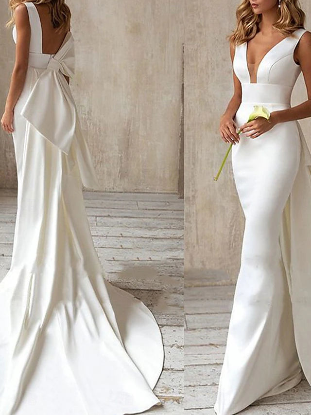 Wedding Dresses Mermaid / Trumpet V Neck Sleeveless Sweep / Brush Train Satin Bridal Gowns With Solid Color
