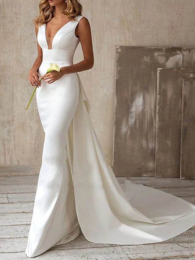 Wedding Dresses Mermaid / Trumpet V Neck Sleeveless Sweep / Brush Train Satin Bridal Gowns With Solid Color