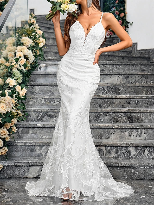 Wedding Dresses Mermaid / Trumpet V Neck Sleeveless Sweep / Brush Train Tulle Bridal Gowns With Solid Color