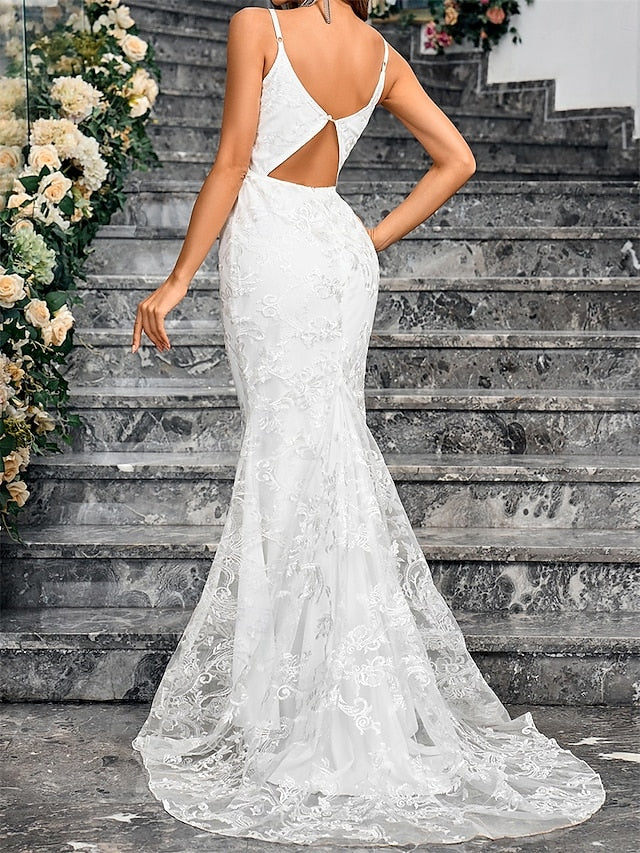 Wedding Dresses Mermaid / Trumpet V Neck Sleeveless Sweep / Brush Train Tulle Bridal Gowns With Solid Color