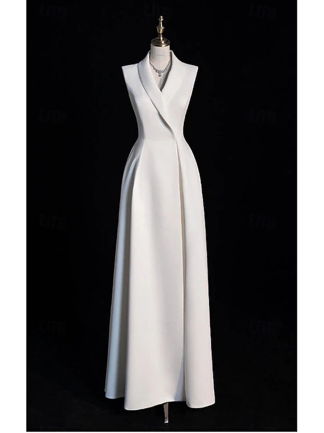 Wedding Dresses Tuxedo Dress A-Line V Neck Sleeveless Floor Length Taffeta Bridal Gowns With Solid Color
