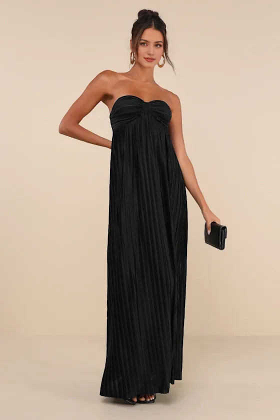 Whimsical Beauty Black Satin Plisse Strapless Evening Dresses