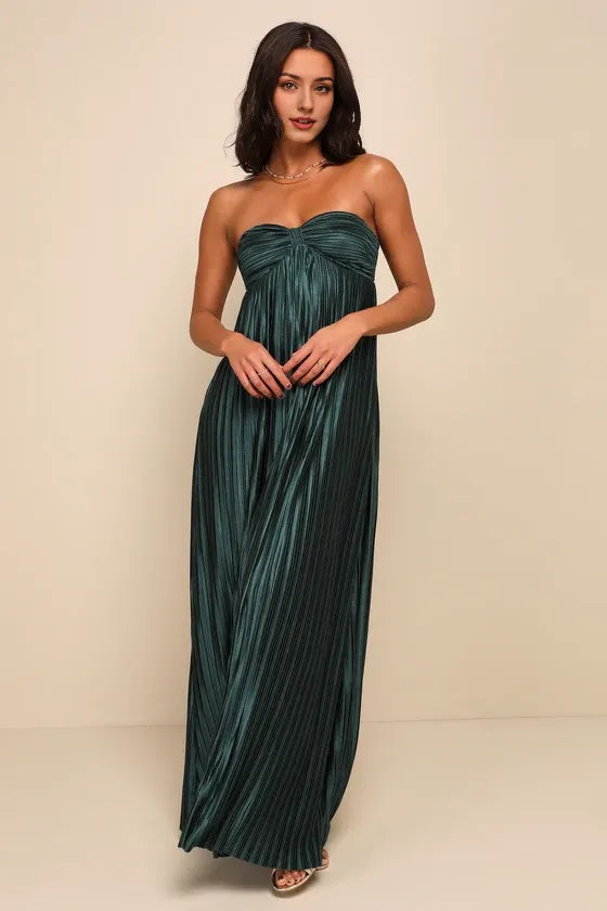 Whimsical Beauty Black Satin Plisse Strapless Evening Dresses