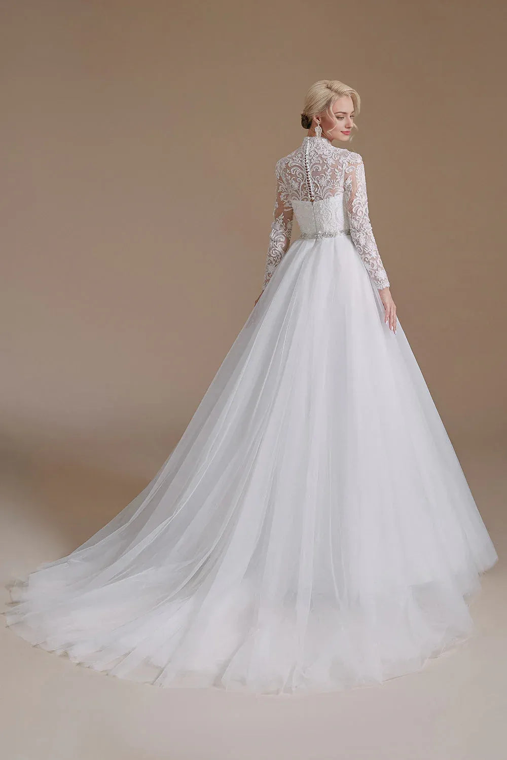 White A-Line High Neck Long Sleeves Wedding Dress with Lace