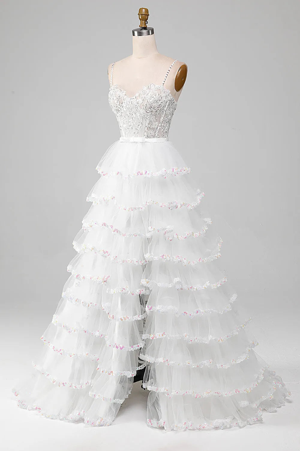 White A-Line Sparkly Sequin Ruffle Skirt Corset Wedding Dress With Slit