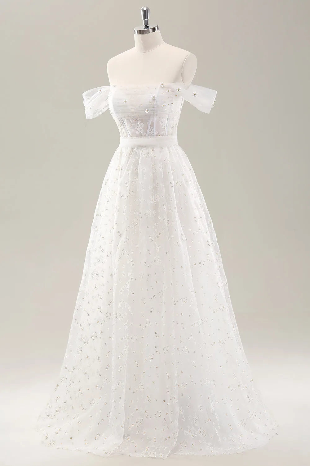 White A Line Off the Shoulder Corset Wedding Dress with Lace Up Back