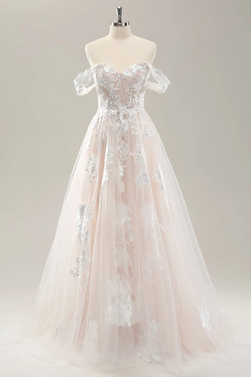 White A Line Off the Shoulder Tulle Wedding Dress with Applique Lace ﻿