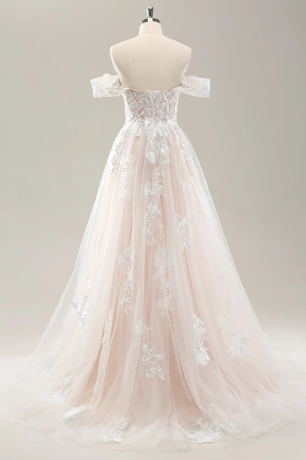 White A Line Off the Shoulder Tulle Wedding Dress with Applique Lace ﻿