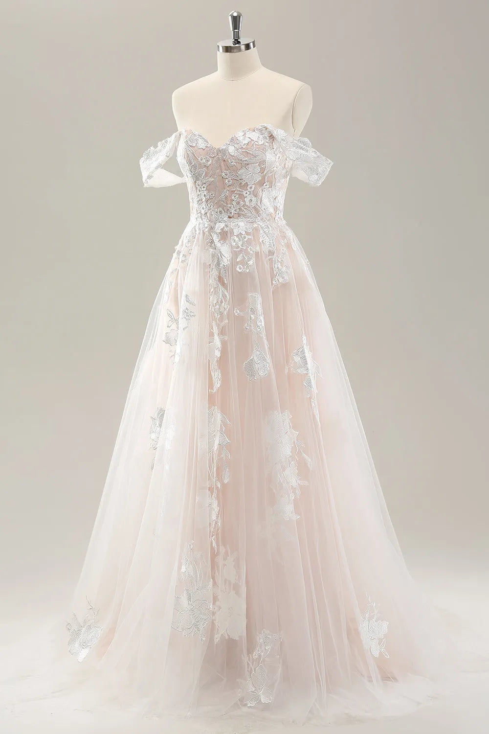 White A Line Off the Shoulder Tulle Wedding Dress with Applique Lace ﻿