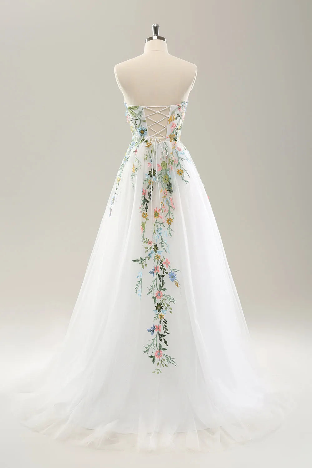 White A Line Strapless Flowers Tulle Wedding Dress with Slit