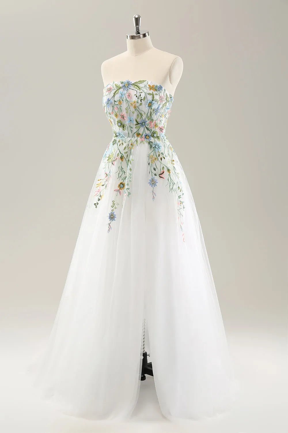 White A Line Strapless Flowers Tulle Wedding Dress with Slit