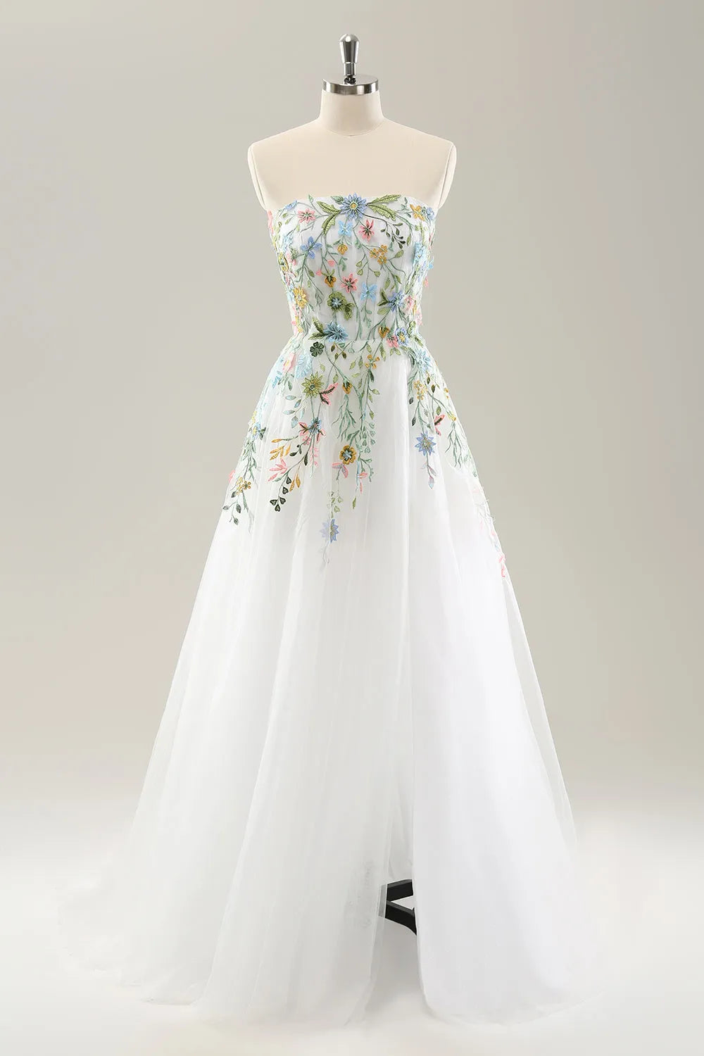 White A Line Strapless Flowers Tulle Wedding Dress with Slit
