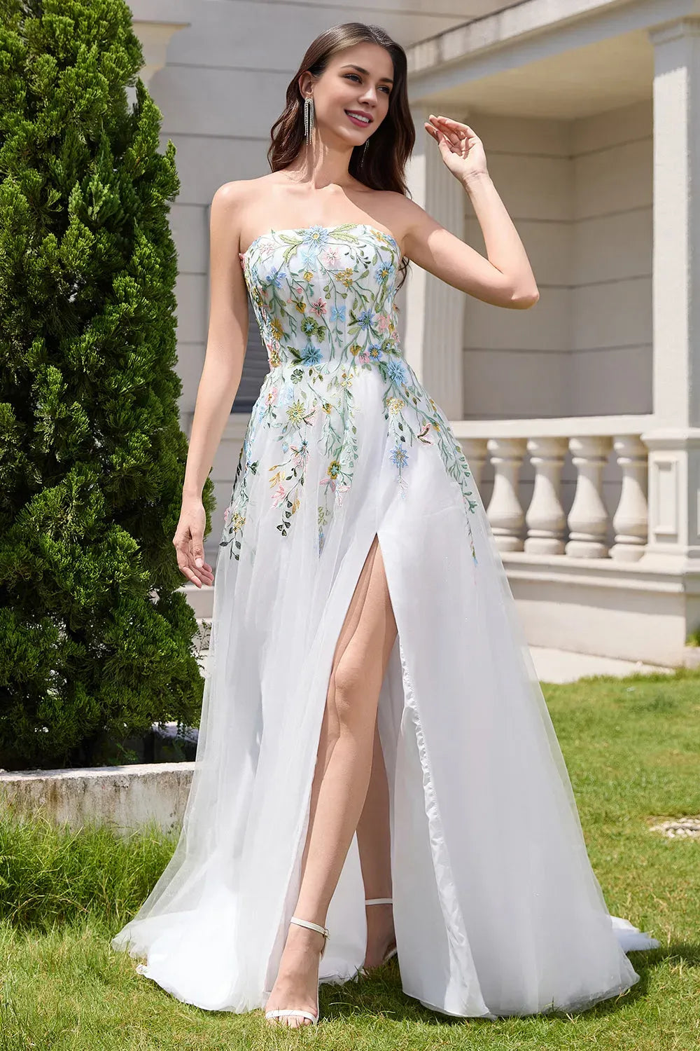 White A Line Strapless Tulle Slit Wedding Dress with  Flowers