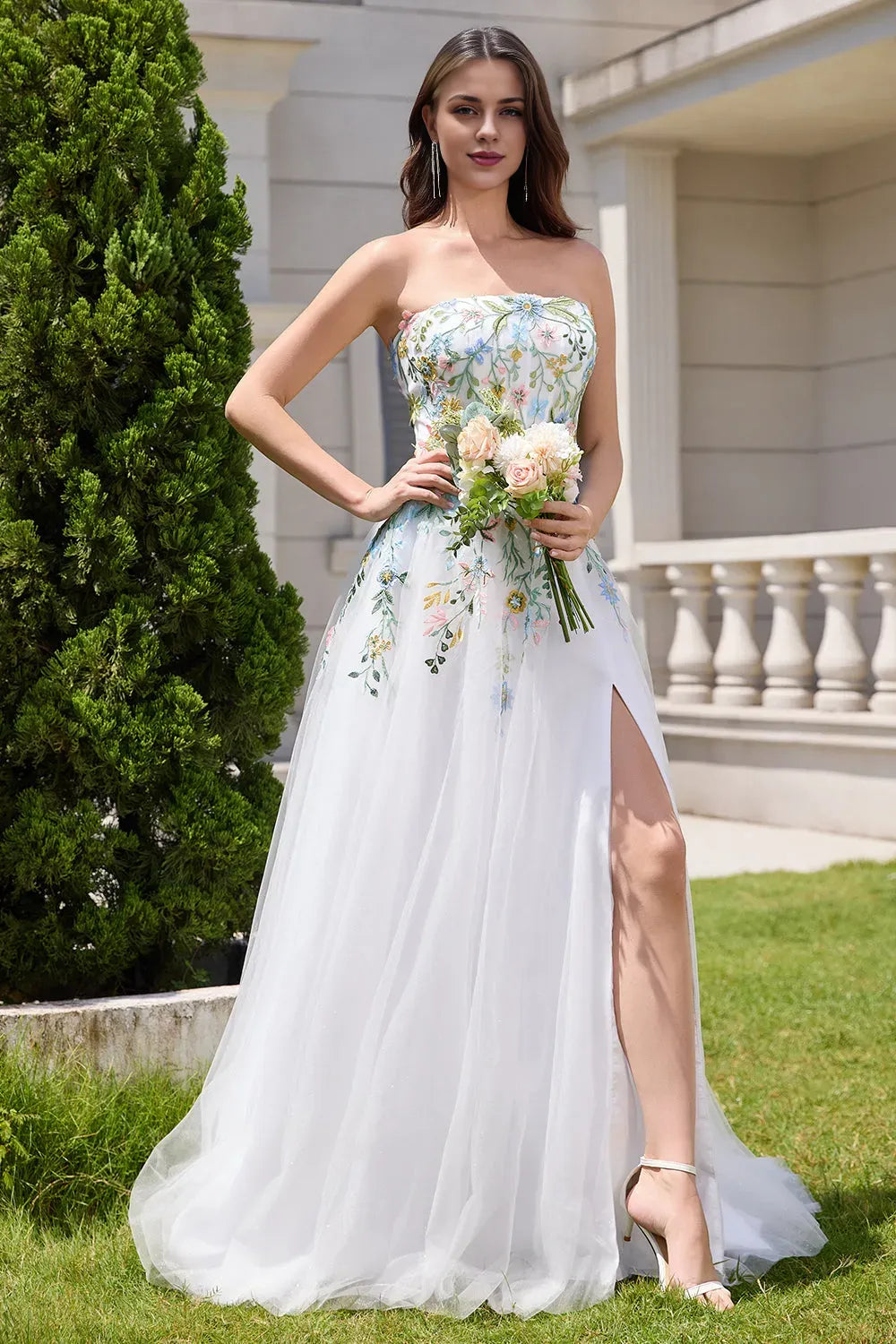 White A Line Strapless Tulle Slit Wedding Dress with  Flowers