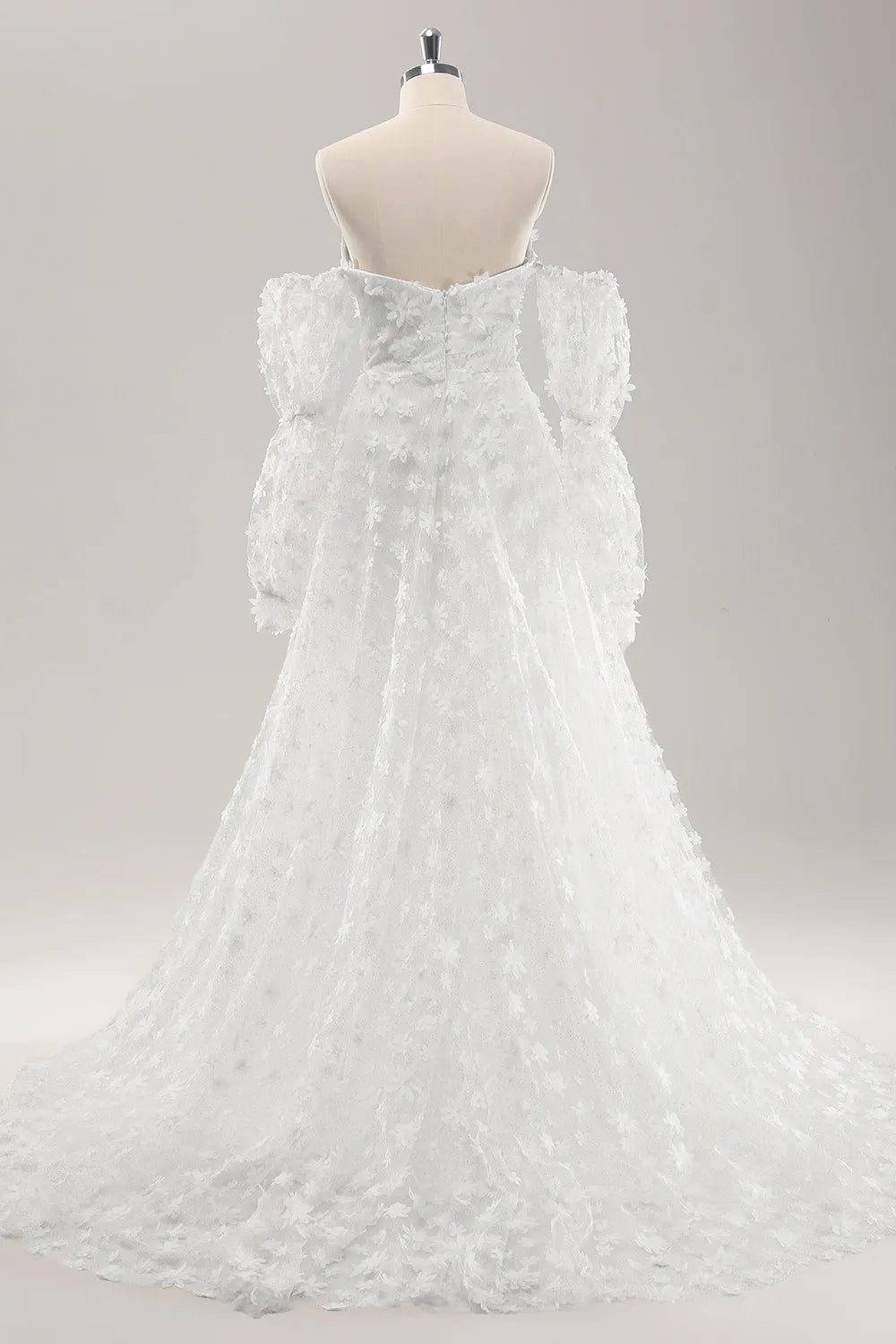White A Line Sweetheart Applique Lace Wedding Dress with Detachable Sleeves