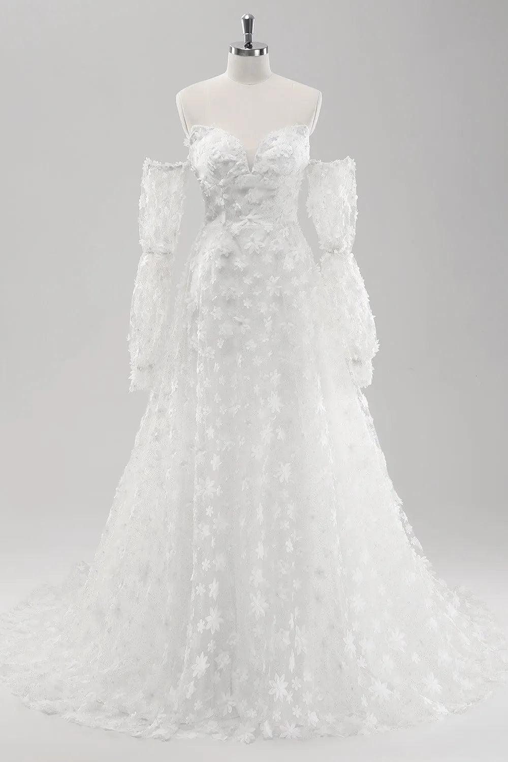 White A Line Sweetheart Applique Lace Wedding Dress with Detachable Sleeves