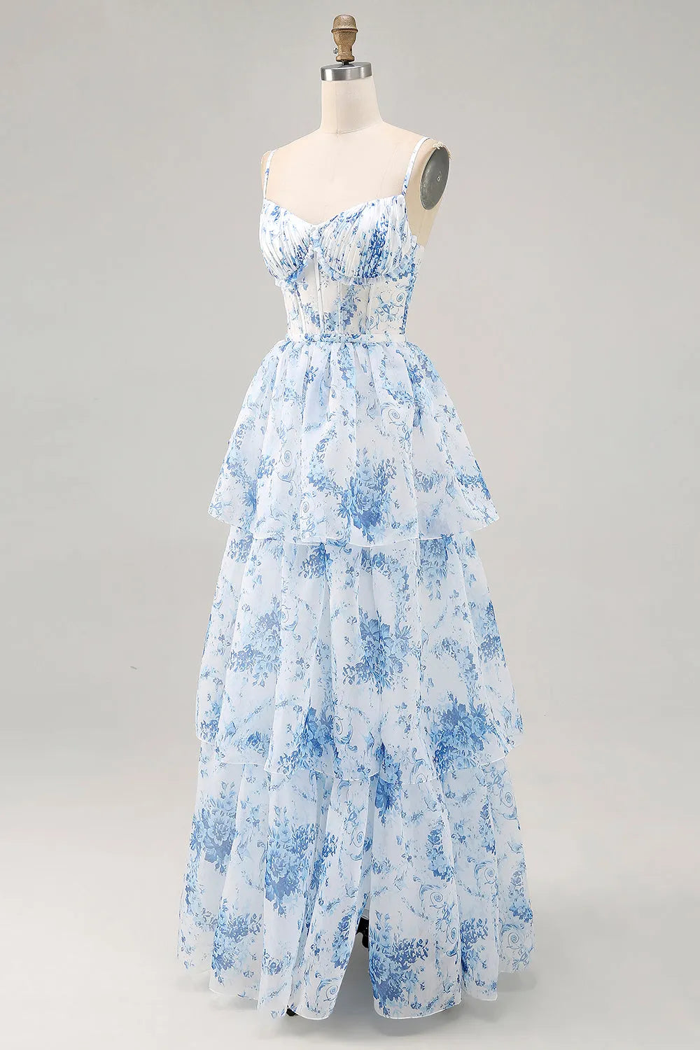 White Blue Flower A Line Printed Tiered Party Dress with Slit