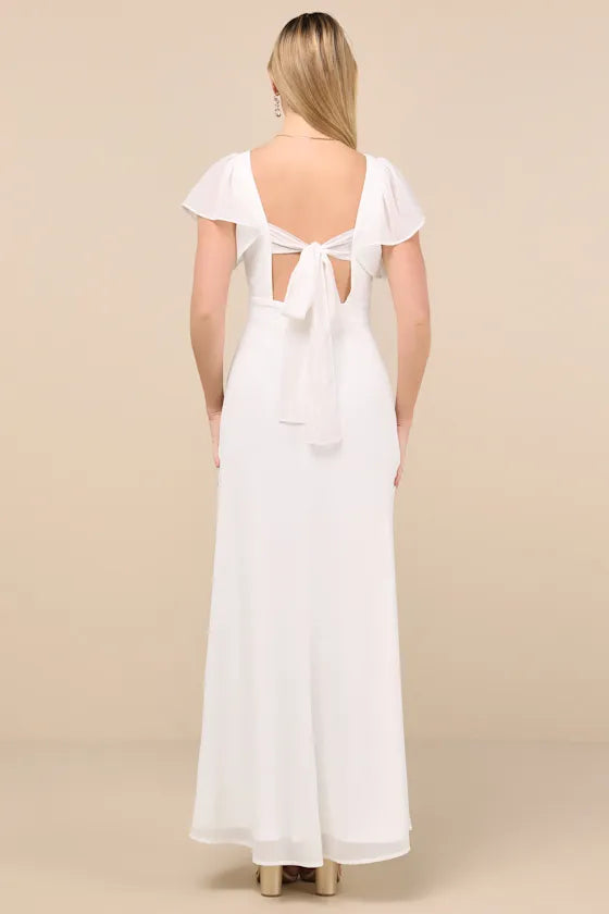 White Chiffon Evening Dress with Ruffled Flutter Sleeves Sweetheart Neckline Long Flowy Slit Skirt