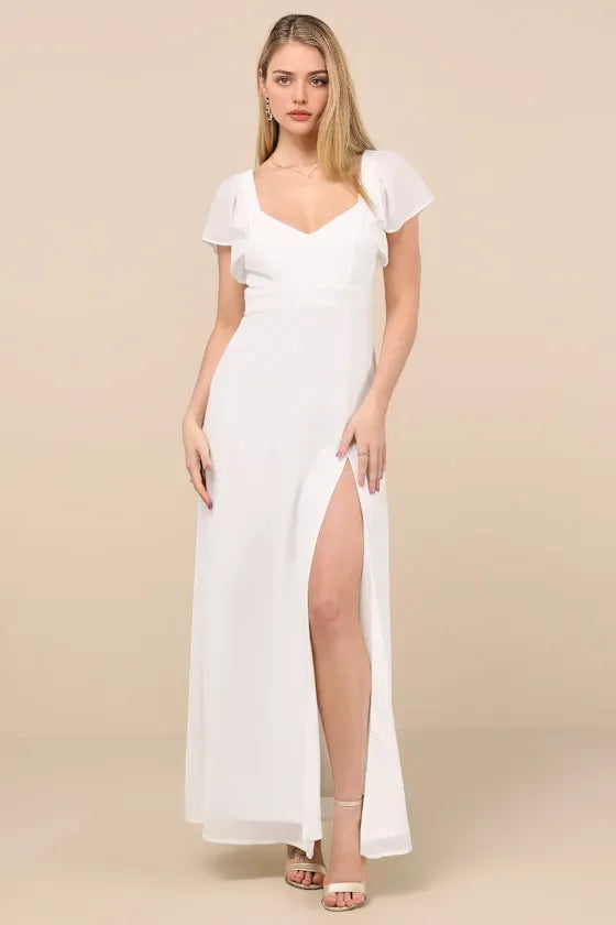 White Chiffon Evening Dress with Ruffled Flutter Sleeves Sweetheart Neckline Long Flowy Slit Skirt