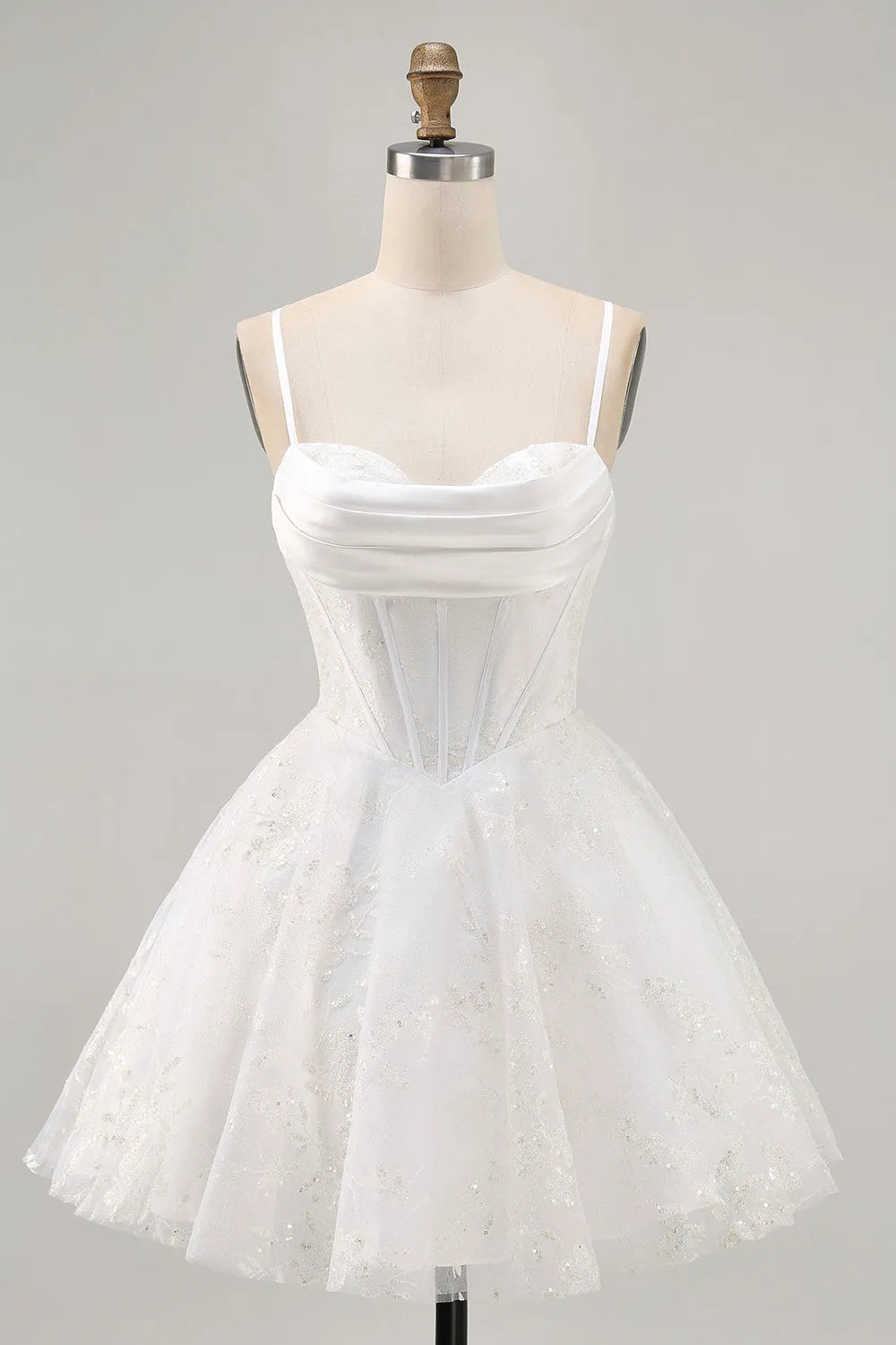 White Corset Spaghetti Straps Short Homecoming Dress with Lace ﻿