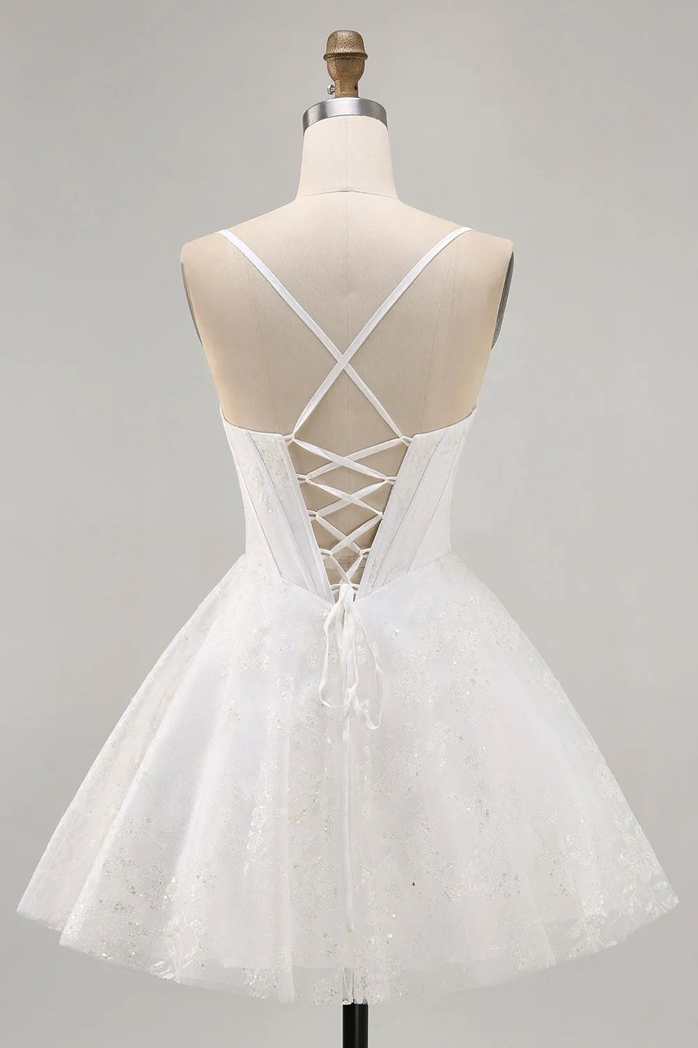 White Corset Spaghetti Straps Short Homecoming Dress with Lace ﻿