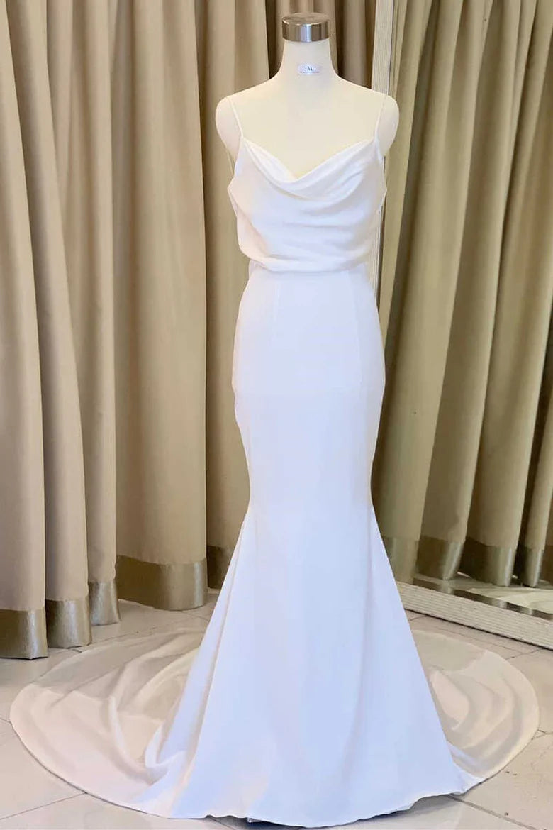 White Cowl Neck Backless Mermaid Long Wedding Dress