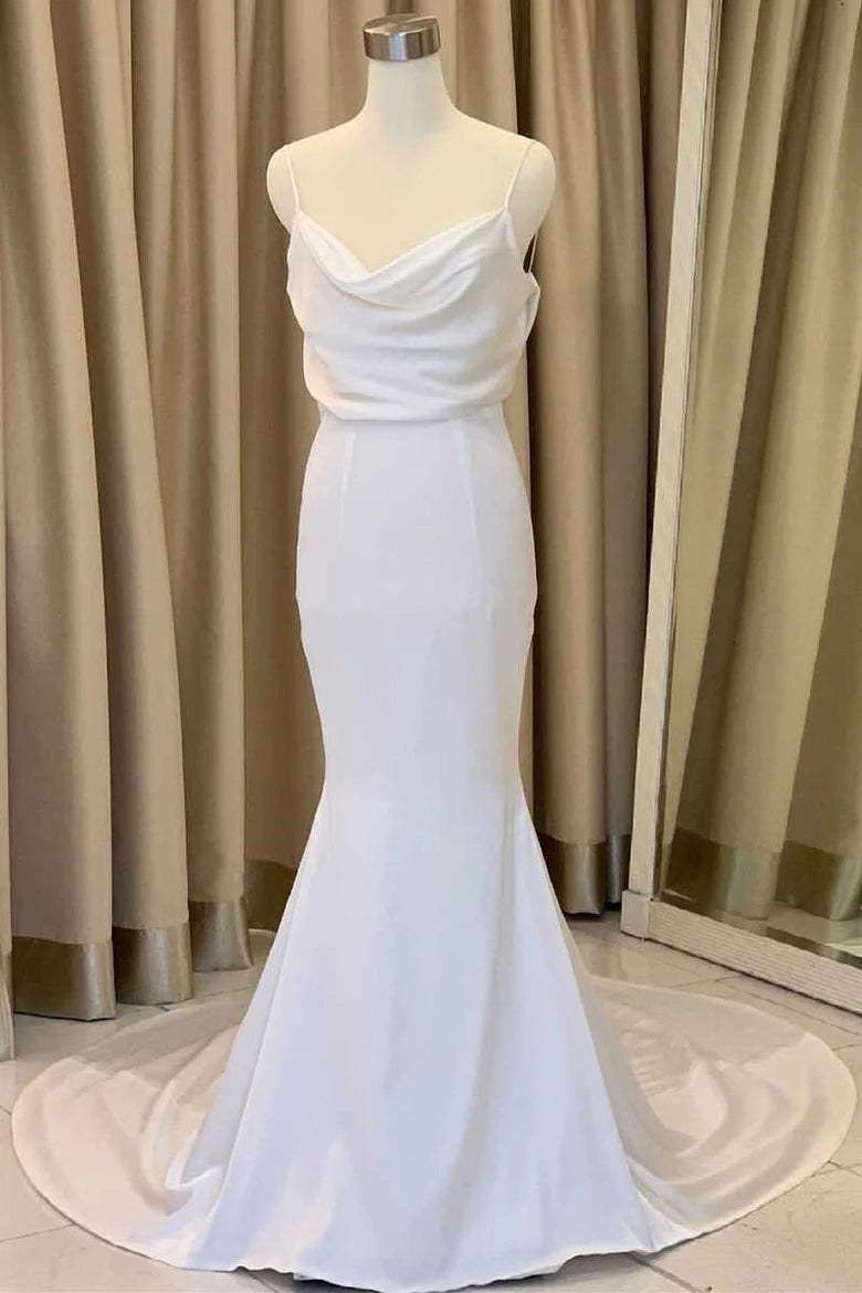 White Cowl Neck Backless Mermaid Long Wedding Dress