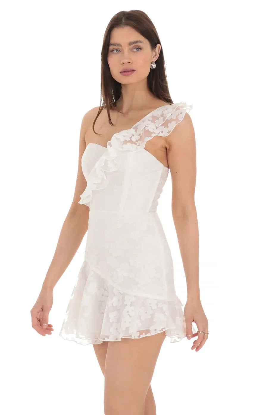 White Floral Lace Homecoming Dress One Shoulder Ruffled Skirt Romantic Textures for School Dance Charm