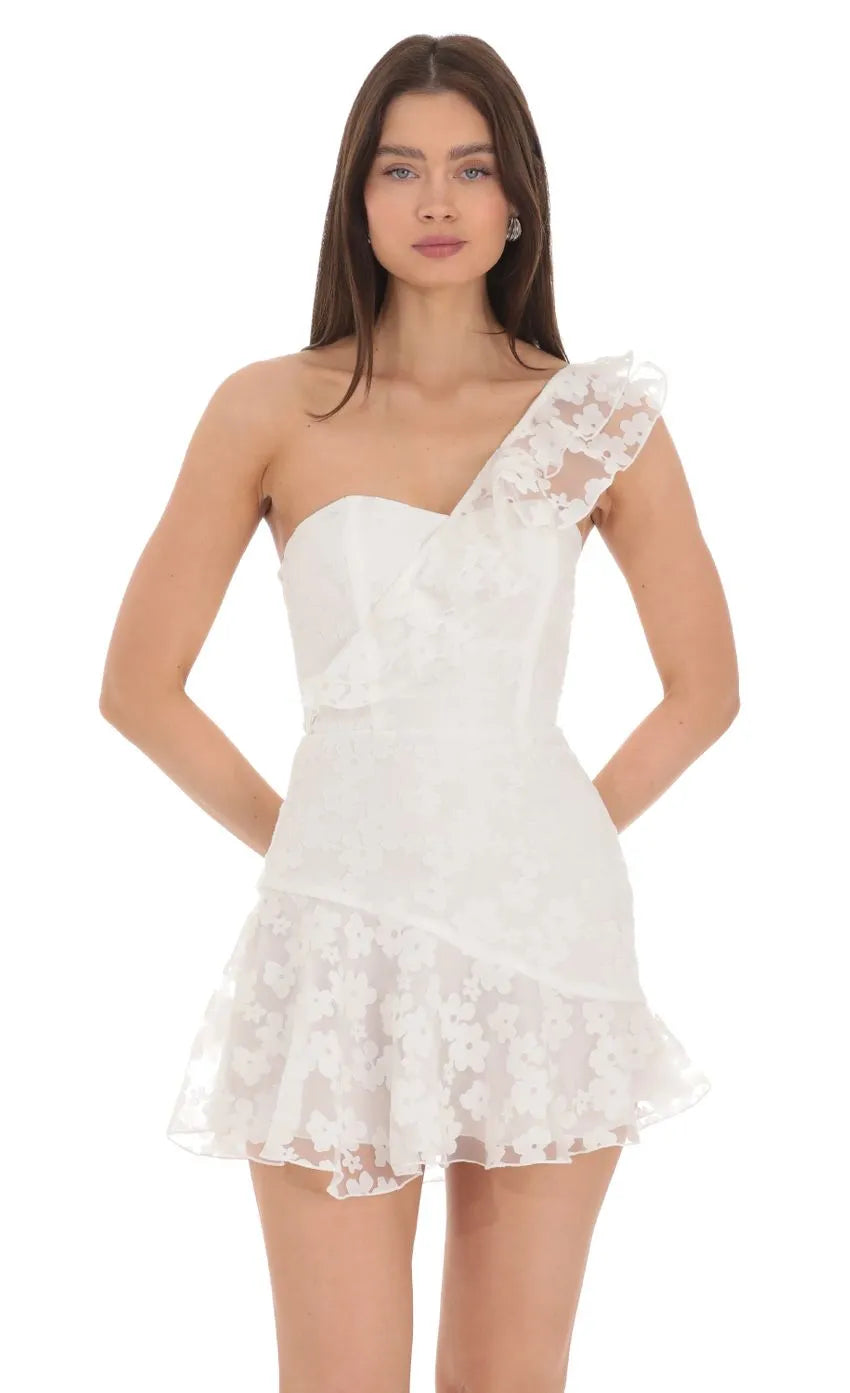 White Floral Lace Homecoming Dress One Shoulder Ruffled Skirt Romantic Textures for School Dance Charm