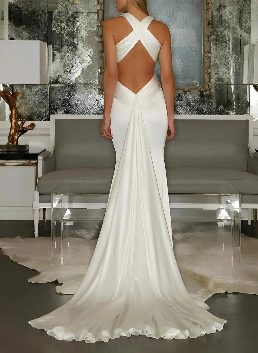 White Halter Neck Wedding Dress Deep V - Neck Crisscross Open Back Mermaid Train