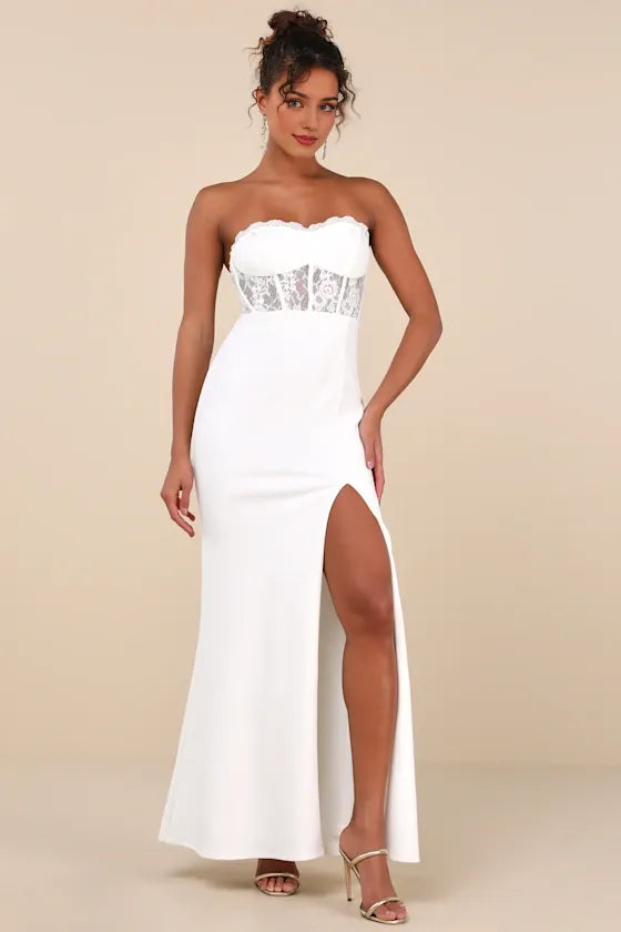 White Lace Strapless Bustier Mermaid Maxi Dress