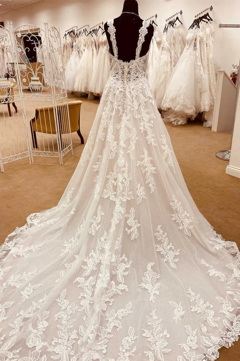 Fashionable White A-Line  Lace Sweetheart Sleeveless Back Zip Sweep Brush Train mermaid Wedding Dress for women for sale