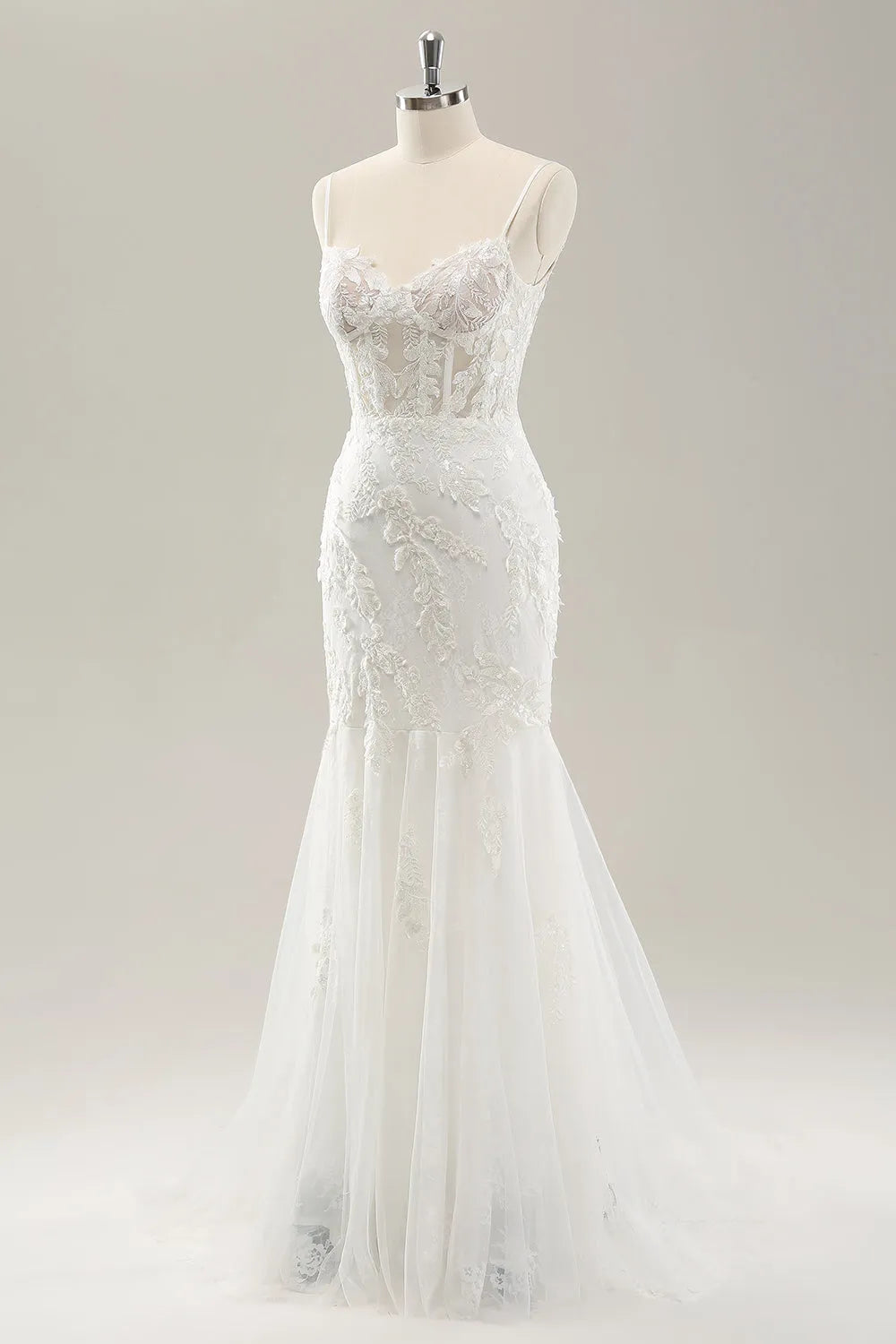 White Mermaid Corset Tulle Wedding Dress with Applique Lace ﻿