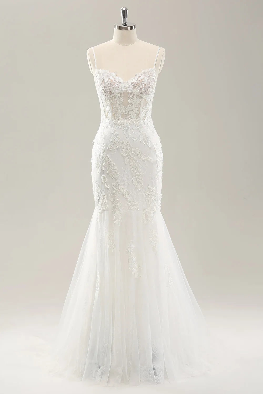 White Mermaid Corset Tulle Wedding Dress with Applique Lace ﻿