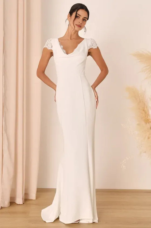 White Mermaid Evening Dresses with Cowl Neck Lace Trimmed Cap Sleeves Figure Silhouette  Elegant Lace  for Women