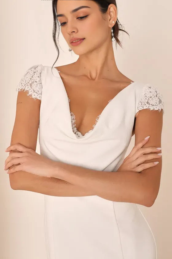 White Mermaid Evening Dresses with Cowl Neck Lace Trimmed Cap Sleeves Figure Silhouette  Elegant Lace  for Women