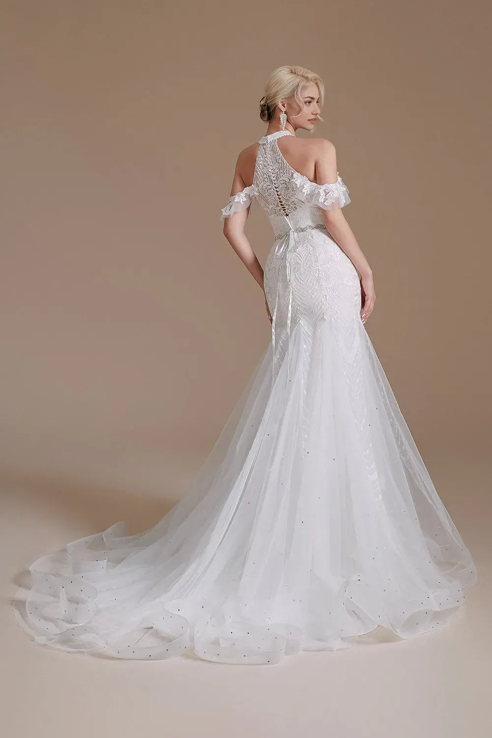 White Mermaid Halter Sweep Train Wedding Dress with Lace ﻿