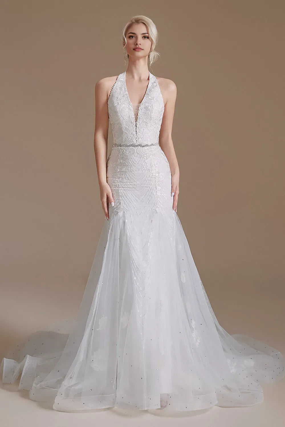 White Mermaid Halter Sweep Train Wedding Dress with Lace ﻿
