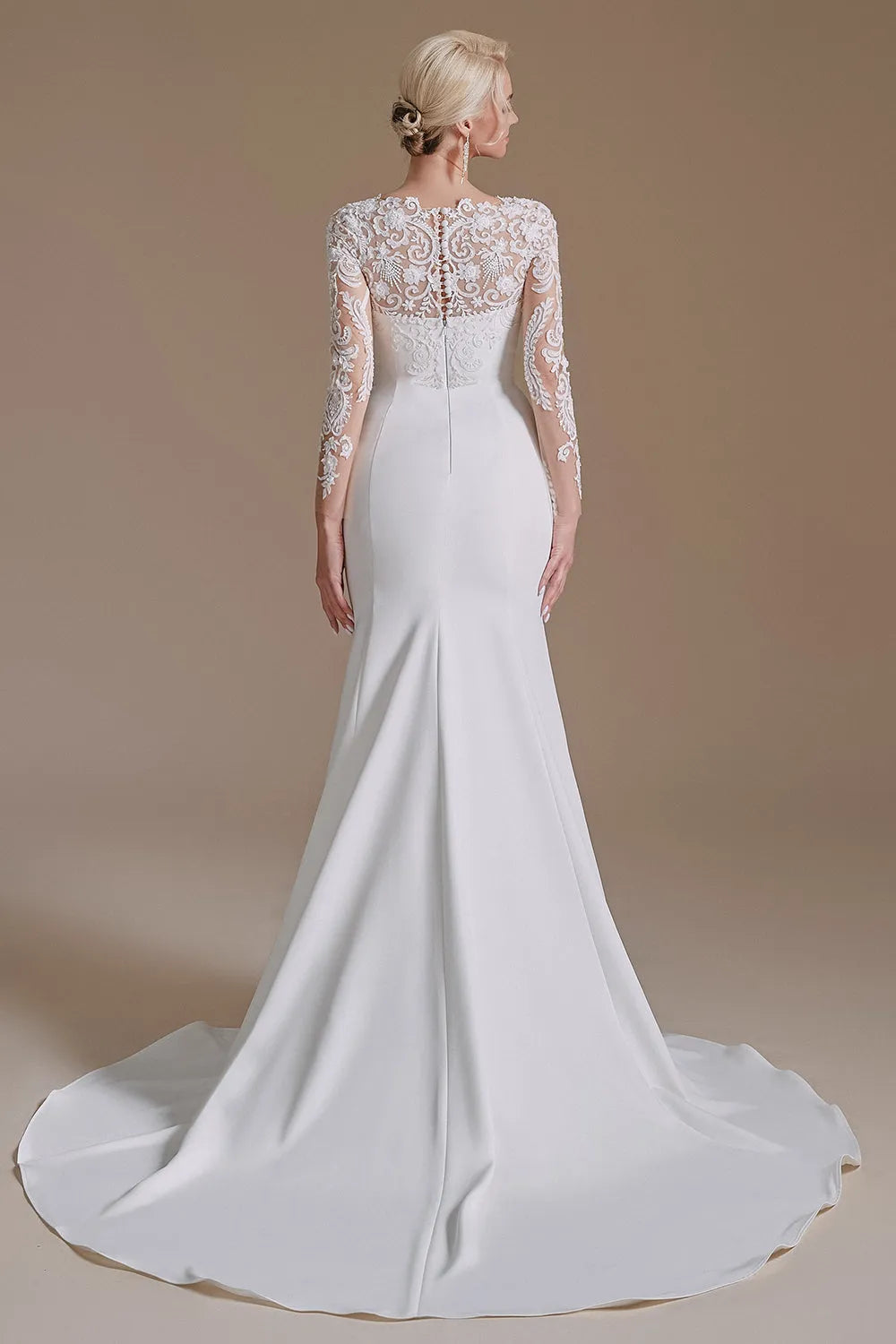 White Mermaid Long Sleeves Sweep Train Wedding Dress with Lace ﻿