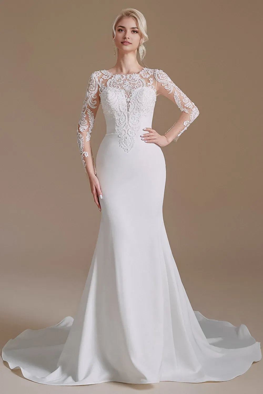 White Mermaid Long Sleeves Sweep Train Wedding Dress with Lace ﻿