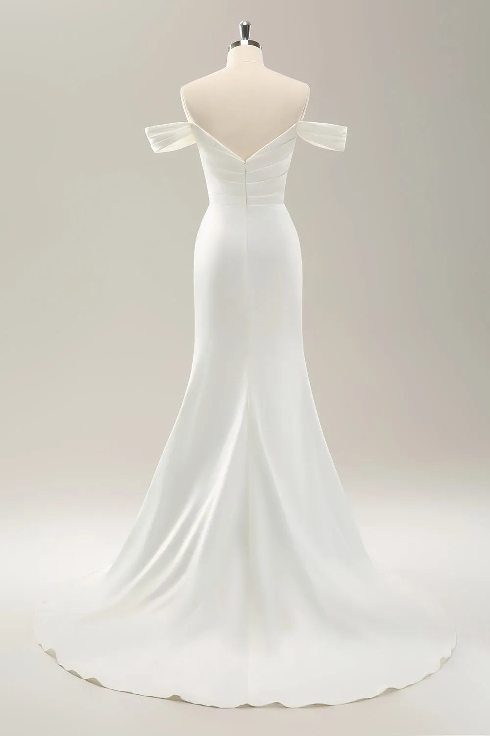 White Mermaid Off The Shoulder Pleated Satin Wedding Dress with Slit