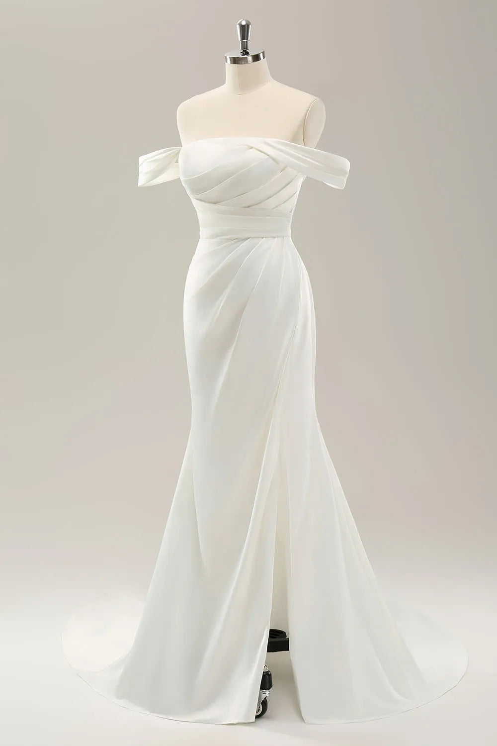 White Mermaid Off The Shoulder Pleated Satin Wedding Dress with Slit