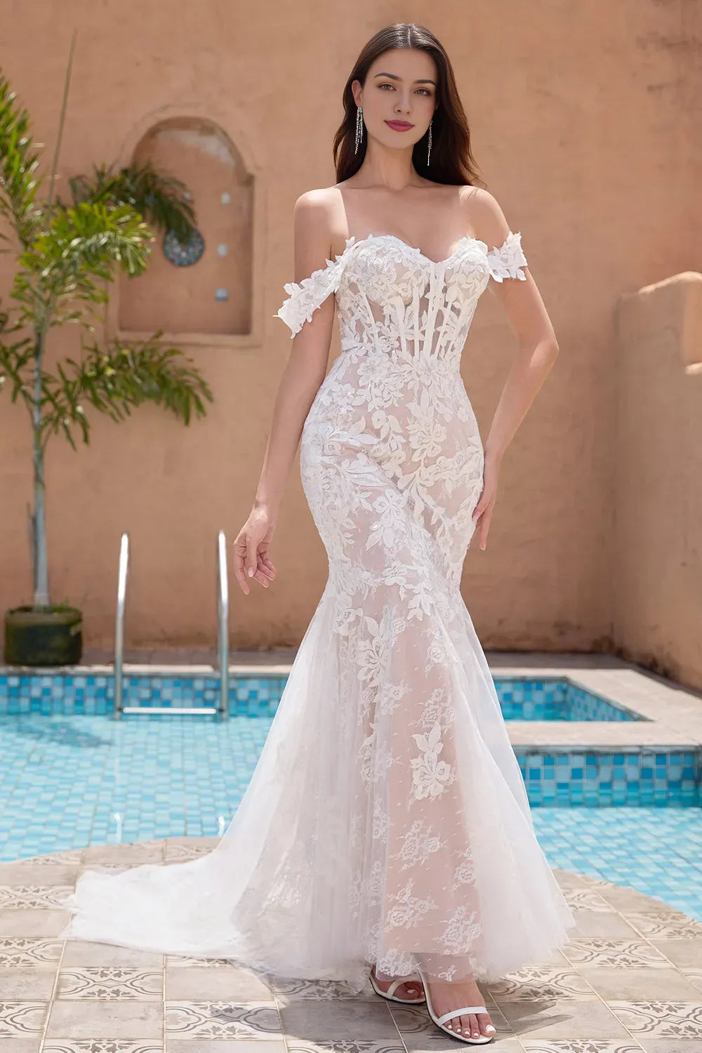 White Mermaid Off the Shoulder Corset Wedding Dress with Applique Lace