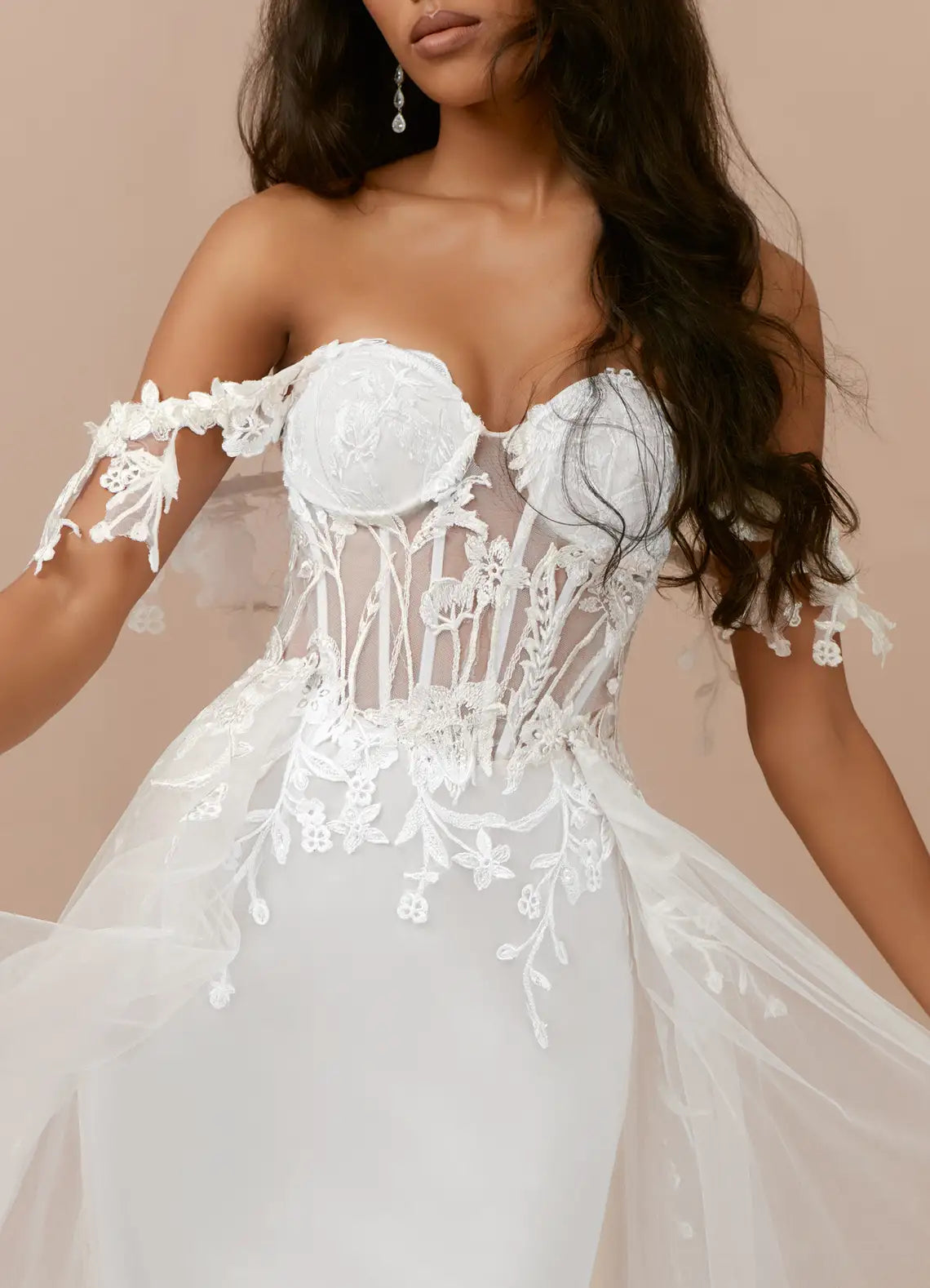 White Off - Shoulder Lace Mermaid A-Line Sequins Tulle Wedding Dress with Sheer Corset Detail