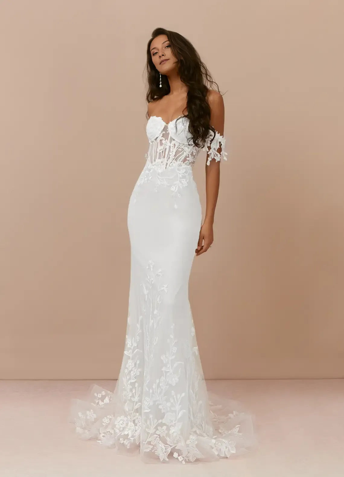 White Off - Shoulder Lace Mermaid A-Line Sequins Tulle Wedding Dress with Sheer Corset Detail