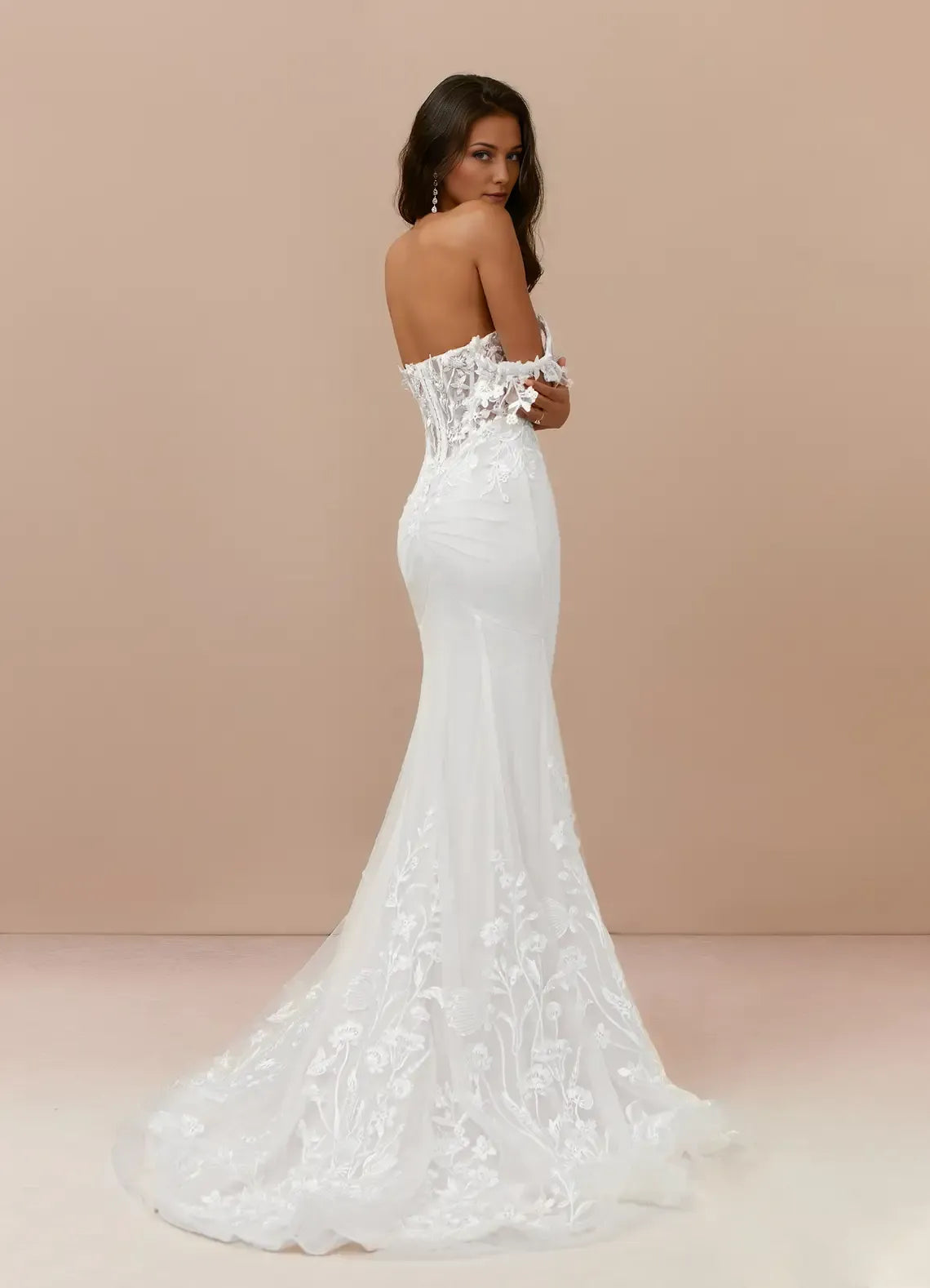 White Off - Shoulder Lace Mermaid A-Line Sequins Tulle Wedding Dress with Sheer Corset Detail